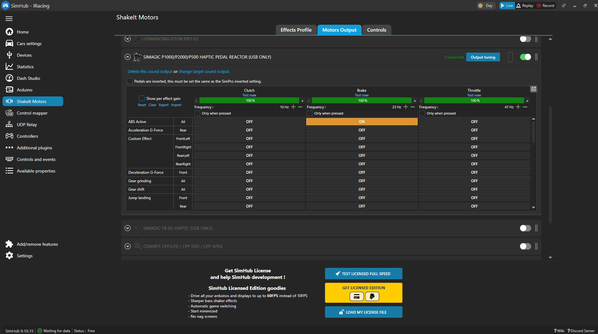 Simhub - select relavnt options for pedels