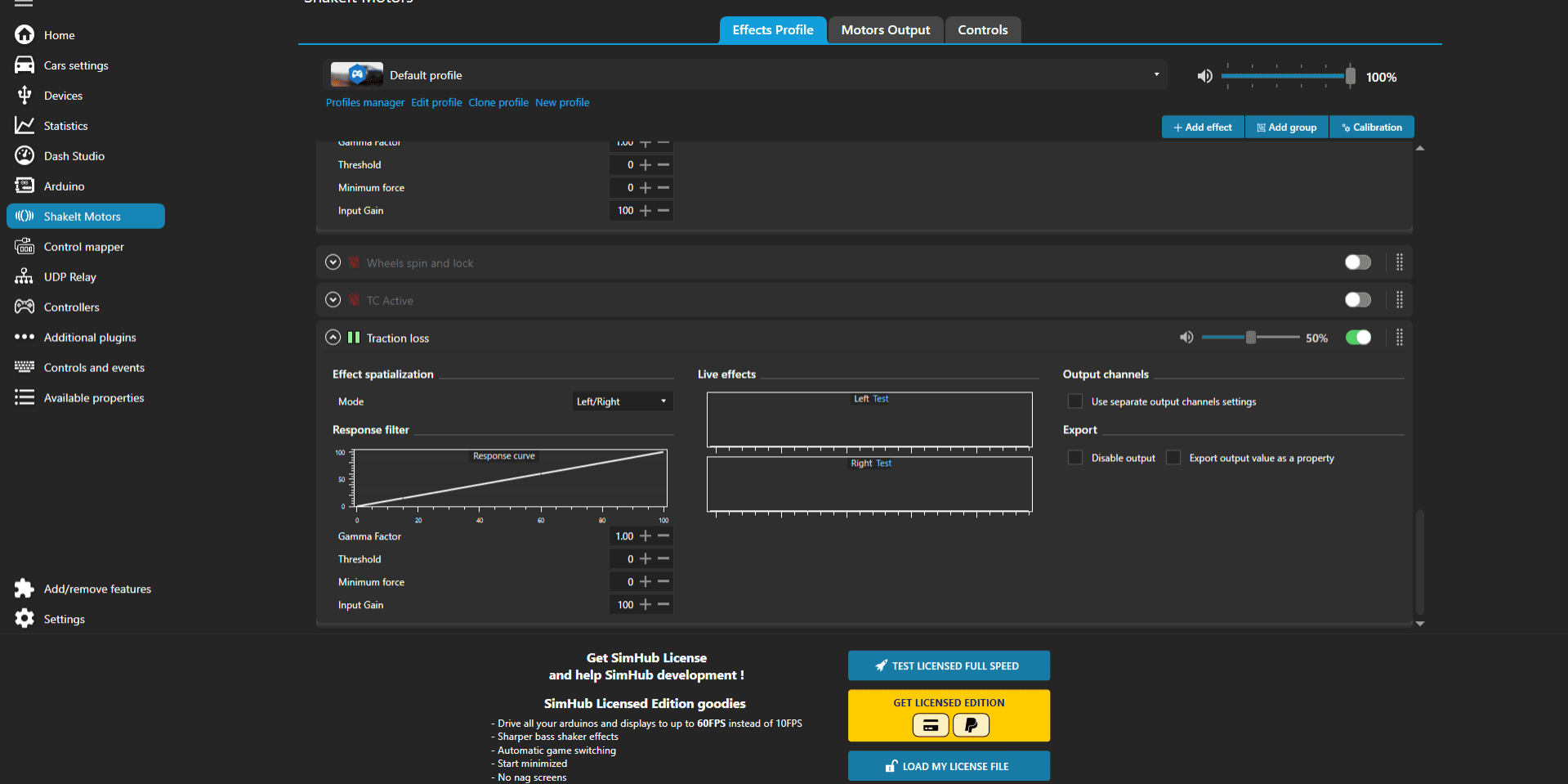 Simhub - My traction loss settings on effects tab