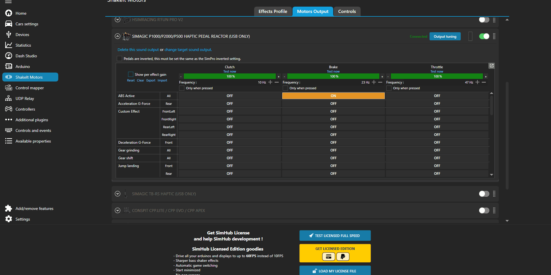 Simhub - select relavnt options for pedels