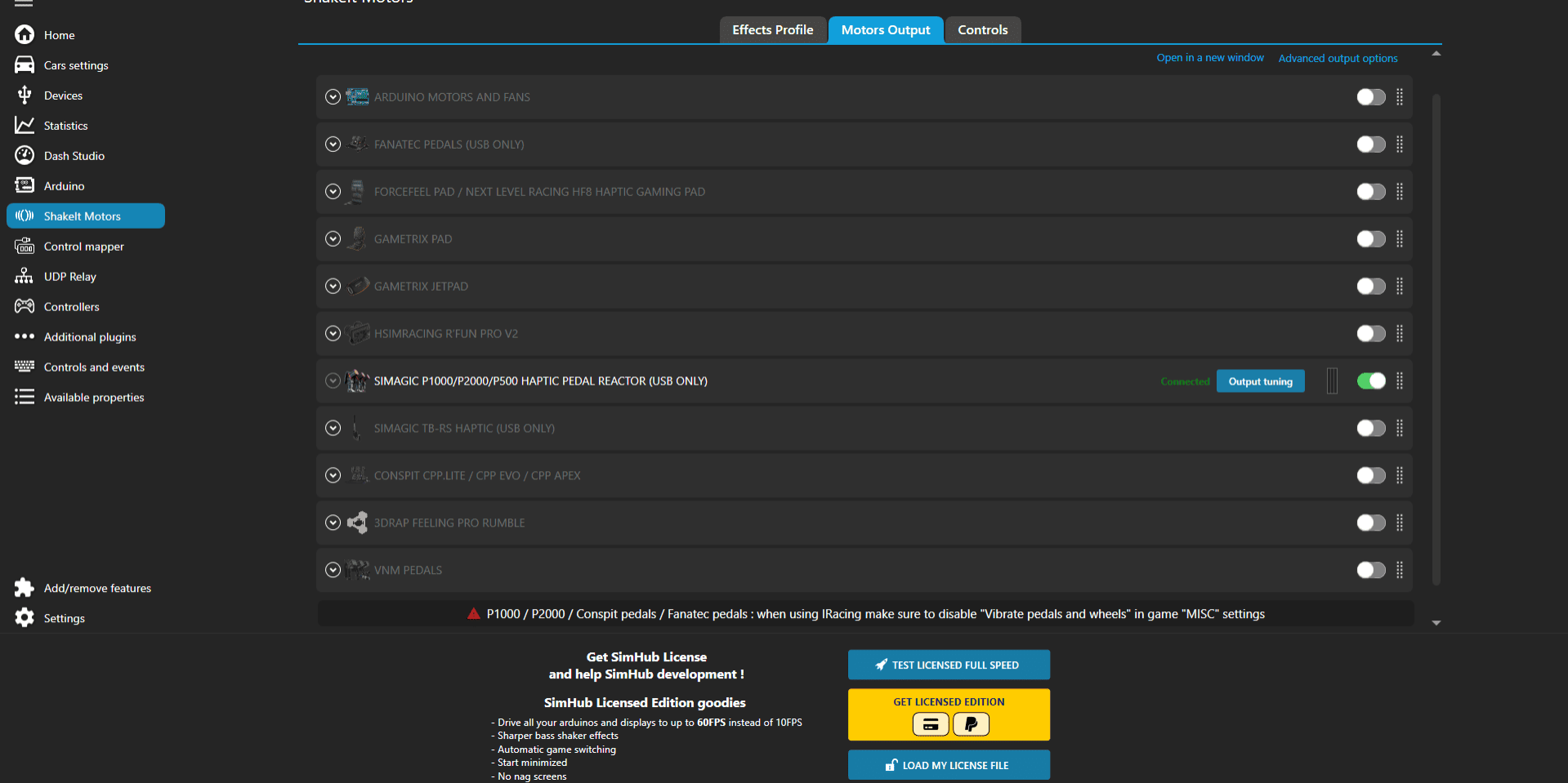 Simhub select shake it motors and p1000